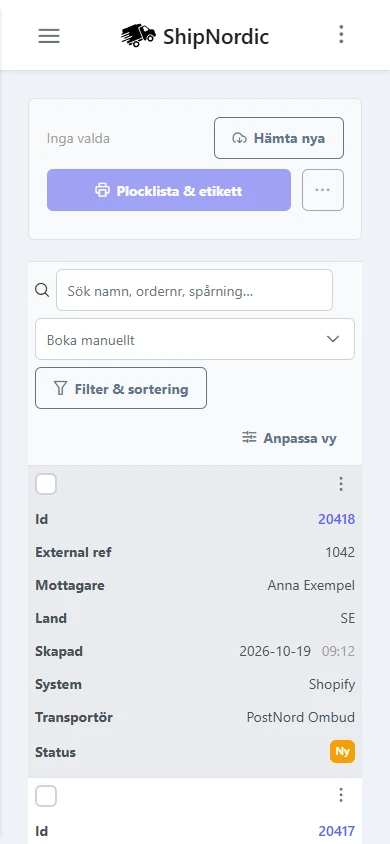 Sändningslistan i mobilen, filtrerad på nya ordrar