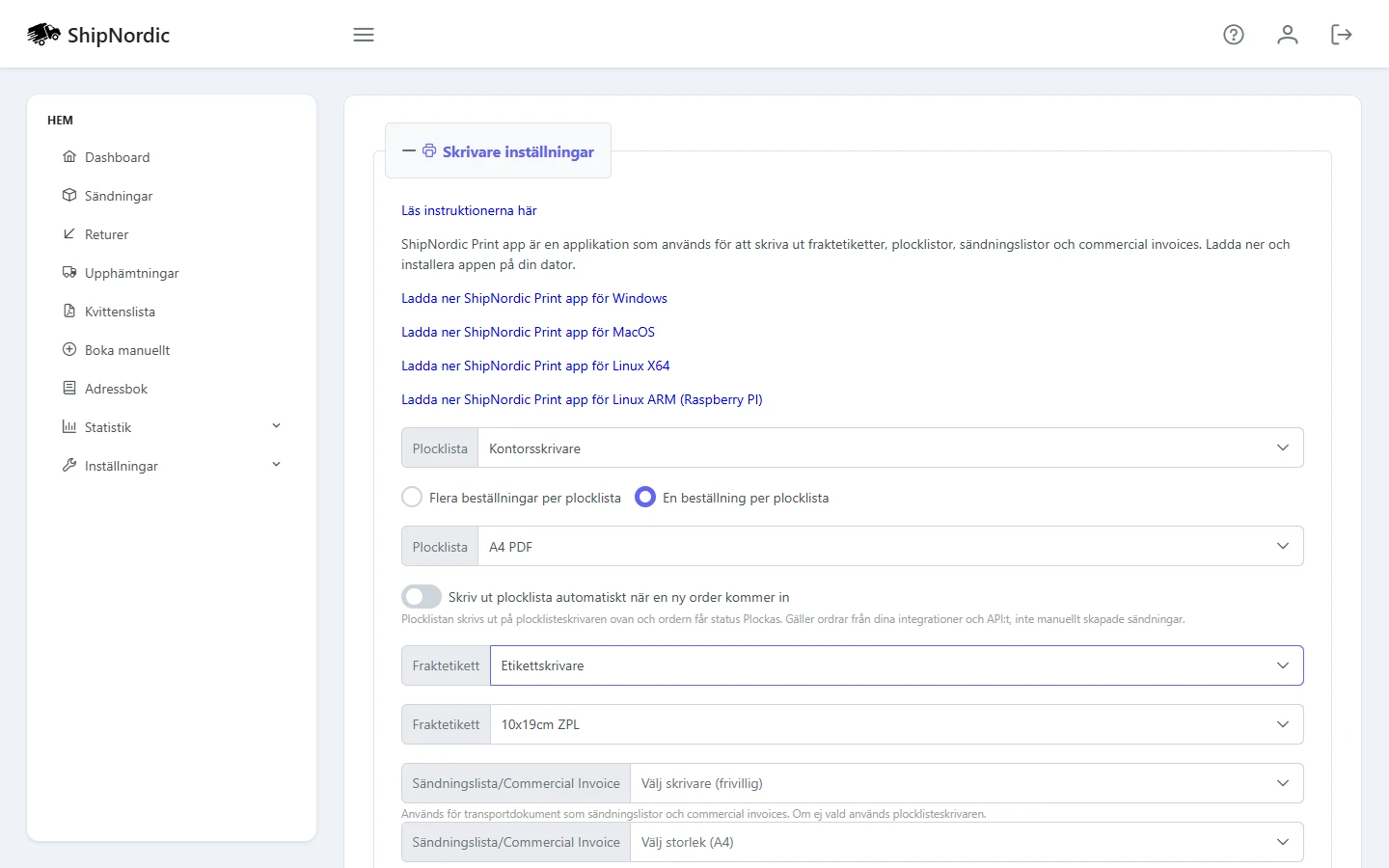 Skrivarinställningarna med formatet A4 PDF 2x etiketter och ett ark med etikett och plocklista